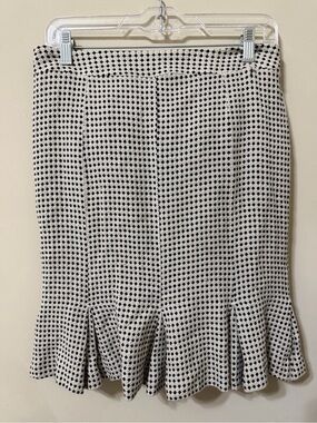 LOFT White and Black Polka Dot Pencil Skirt with Ruffle Hem
